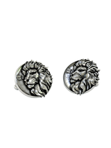 Silver Lion Cufflinks in 925 sterling silver - a direct front view showcasing the majestic lion head and savanna background.