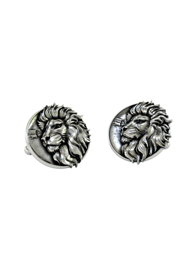 Silver Lion Cufflinks in 925 sterling silver - a direct front view showcasing the majestic lion head and savanna background.