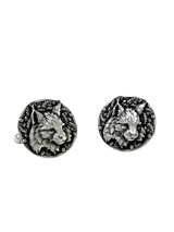 Silver Lynx Cufflinks in 925 sterling silver - a direct front view showcasing the detailed lynx head and oak leaf border.