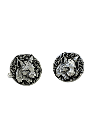 Silver Lynx Cufflinks in 925 sterling silver - a direct front view showcasing the detailed lynx head and oak leaf border.
