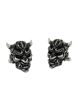 Silver Oni Mask Cufflinks in 925 sterling silver - a direct front view showcasing the symmetrical and fierce details of the Japanese demon design.