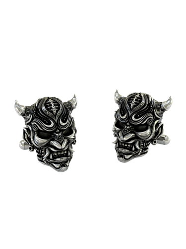 Silver Oni Mask Cufflinks in 925 sterling silver - a direct front view showcasing the symmetrical and fierce details of the Japanese demon design.
