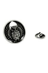 Silver Owl Lapel Pin in 925 sterling silver - detailed front view showcasing intricate feather design
