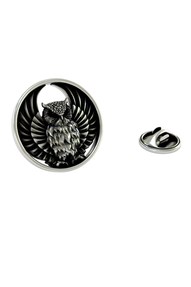 Silver Owl Lapel Pin in 925 sterling silver - detailed front view showcasing intricate feather design
