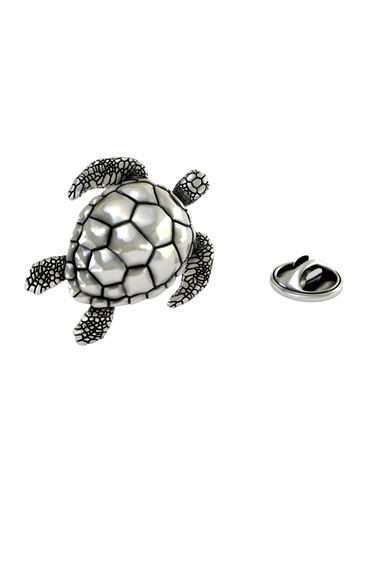 Silver Sea Turtle Lapel Pin in 925 sterling silver - top-down view highlighting the polished shell finish
