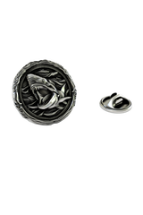 Silver Shark Lapel Pin in 925 sterling, front view of the fierce shark head bursting from the water.