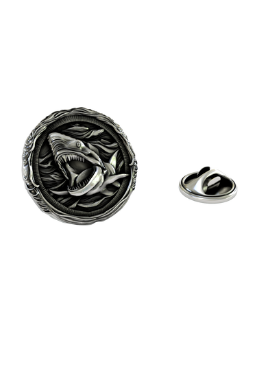 Silver Shark Lapel Pin in 925 sterling, front view of the fierce shark head bursting from the water.