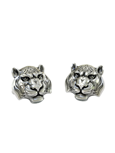 Silver Tiger Cufflinks in 925 sterling silver - a direct front view showcasing the powerful tiger face and stylized stripes.