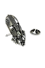 Silver Warrior Helmet Lapel Pin in 925 sterling, front view of the helmet with an intricate Celtic knot beard.

