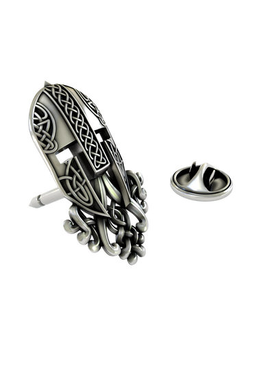 Silver Warrior Helmet Lapel Pin in 925 sterling, front view of the helmet with an intricate Celtic knot beard.

