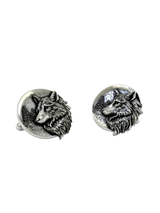 Silver Wolf Cufflinks in 925 sterling silver - front-on view showcasing the detailed wolf head and moonlit forest scene.