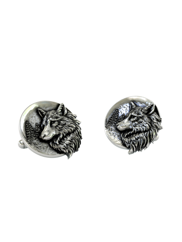Silver Wolf Cufflinks in 925 sterling silver - front-on view showcasing the detailed wolf head and moonlit forest scene.