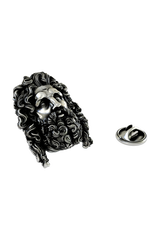 Silver Zeus Lapel Pin in 925 sterling, front view of the majestic Greek god's face.