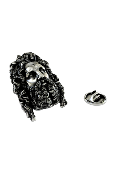 Silver Zeus Lapel Pin in 925 sterling, front view of the majestic Greek god's face.