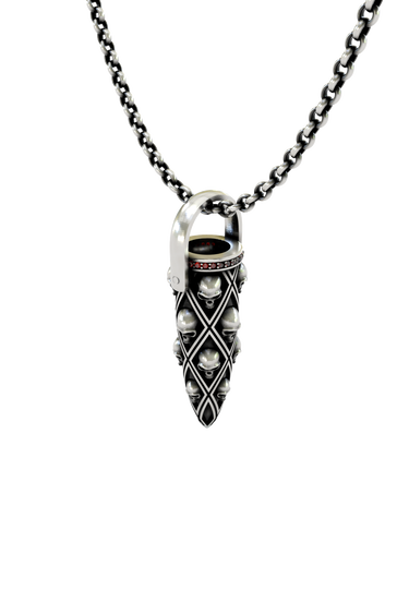 Skull Bullet Pendant in 925 sterling silver worn as a powerful statement piece of biker and military-style jewelry.