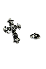 Skull Cross Pin in 925 sterling silver, front view of the cross made entirely from skulls and bones.