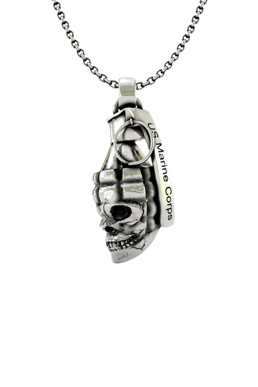 Skull Grenade Pendant with "US Marine Corps" engraving in 925 sterling silver.