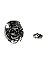 Skull and Dragon Lapel Pin in 925 sterling silver, front view showing the intricate fantasy design.