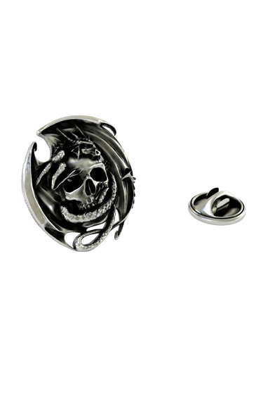Skull and Dragon Lapel Pin in 925 sterling silver, front view showing the intricate fantasy design.