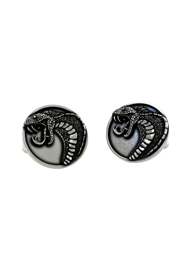 Snake Cufflinks in 925 sterling silver - a direct front view showcasing the coiled viper design and bared fangs.