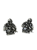 Soldier Cufflinks in 925 sterling silver - front view showcasing the intricate details of the combat gear and rifle.