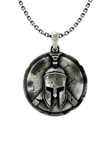Spartan Warrior Helmet Pendant in 925 sterling silver, front view of the iconic Corinthian helmet on a battle-worn shield.