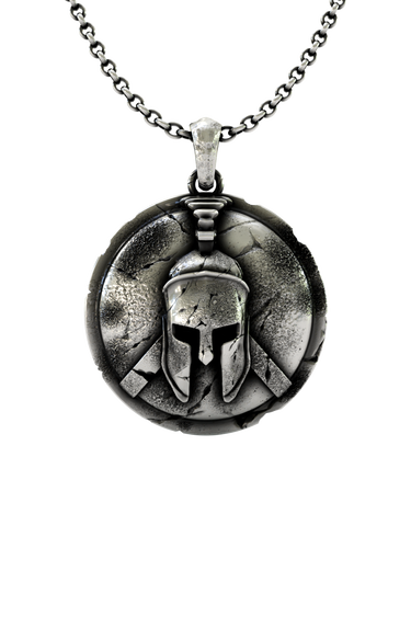 Spartan Warrior Helmet Pendant in 925 sterling silver, front view of the iconic Corinthian helmet on a battle-worn shield.
