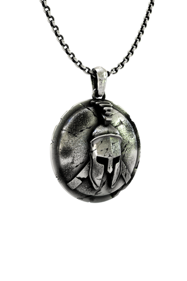 Spartan Warrior Pendant shown on a model to demonstrate its size and powerful aesthetic as a statement necklace.