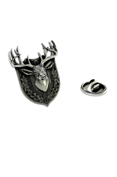 Stag Lapel Pin in 925 sterling silver, front view of the majestic deer head on a shield with an oak leaf wreath.

