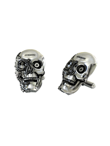 Steampunk Skull Cufflinks in 925 sterling silver - front view showcasing the mechanical details and Victorian filigree.