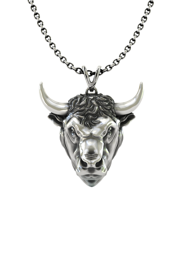 Taurus Bull Pendant in 925 sterling silver, front view of the powerful zodiac bull head.