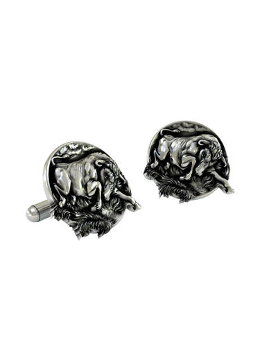 Taurus Power Cuffs shown on a shirt cuff to demonstrate their actual size and bold, confident appearance when worn.