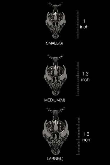 The Sarnion Head Pendant shown on a model to demonstrate the size of this signature brand piece.