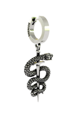 The Serpent Sword Earring shown worn on an ear to demonstrate its actual size and impressive dangle length