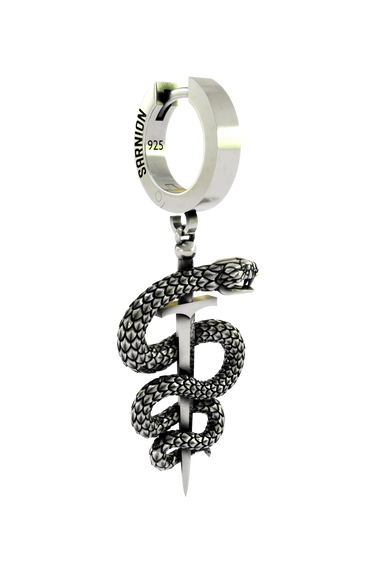 The Serpent Sword Earring shown worn on an ear to demonstrate its actual size and impressive dangle length