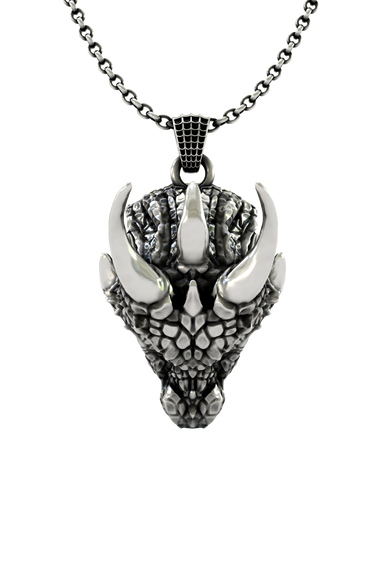The official Sarnion Head Pendant in 925 sterling silver, front view showcasing the brand's signature dragon design.