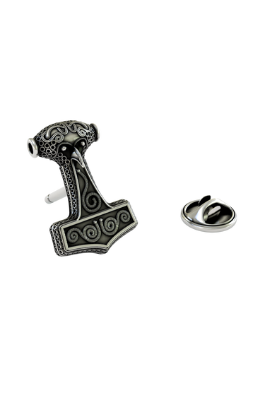 Thor's Hammer Lapel Pin (Mjolnir) in 925 sterling silver, front view showcasing the intricate Norse knotwork.