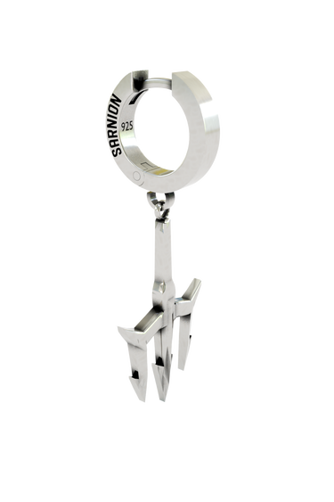 Trident Symbol Earring in 925 sterling silver worn as a bold and modern mythological accessory