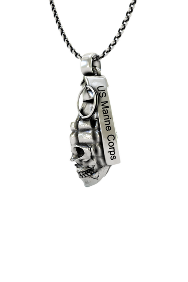 US Marine Corps Skull Grenade Pendant worn as a bold statement of a Marine's pride and warrior spirit.