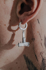 Uzi Rifle Earring in 925 sterling silver - front view showcasing the detailed miniature gun replica
