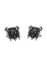 Viking Berserker Skull 925 sterling silver cufflinks - angled pair view of the horned warrior on a spiked shield.