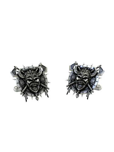 Viking Berserker Skull 925 sterling silver cufflinks - angled pair view of the horned warrior on a spiked shield.