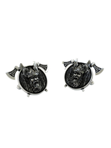 Viking God Odin 925 sterling silver cufflinks - angled pair view showcasing the winged helmet, Valknut symbol, and crossed axes.