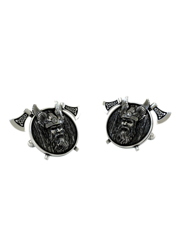 Viking God Odin 925 sterling silver cufflinks - angled pair view showcasing the winged helmet, Valknut symbol, and crossed axes.