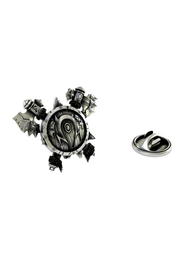 Viking Shield Lapel Pin in 925 sterling silver, showing a fantasy warrior crest with axes.