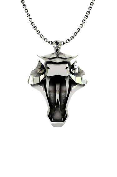 Viper School Pendant inspired by The Witcher, front view of the sharp, geometric viper head in sterling silver.