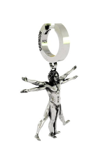 Vitruvian Man Earring in 925 sterling silver worn as an intellectual and artistic statement piece