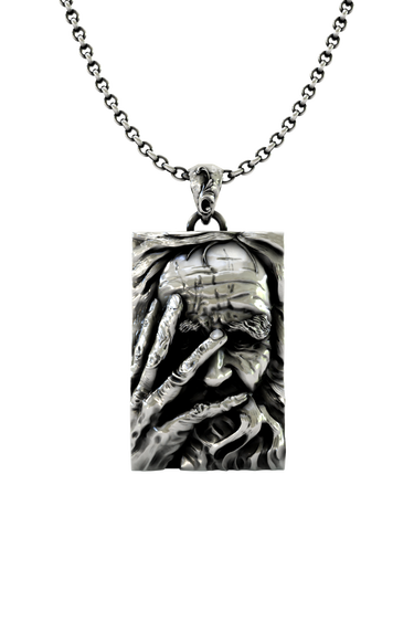 Wise Wizard Pendant in 925 sterling silver, front view of the sage's face peering through his hand.