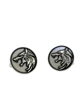 Witcher Wolf Cufflinks in 925 sterling silver - a direct front view of the iconic Wolf School Medallion design.