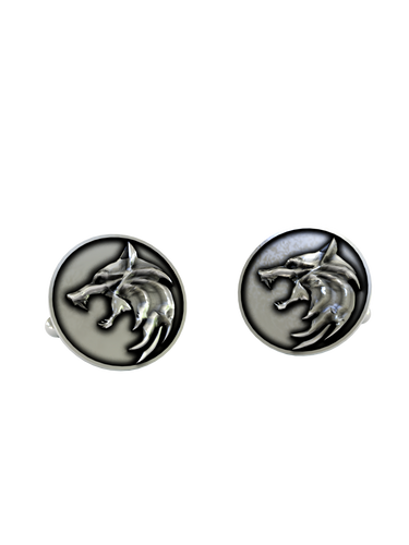 Witcher Wolf Cufflinks in 925 sterling silver - a direct front view of the iconic Wolf School Medallion design.